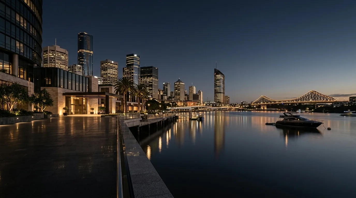 Brisbane river, skyline and Story Bridge at dusk.