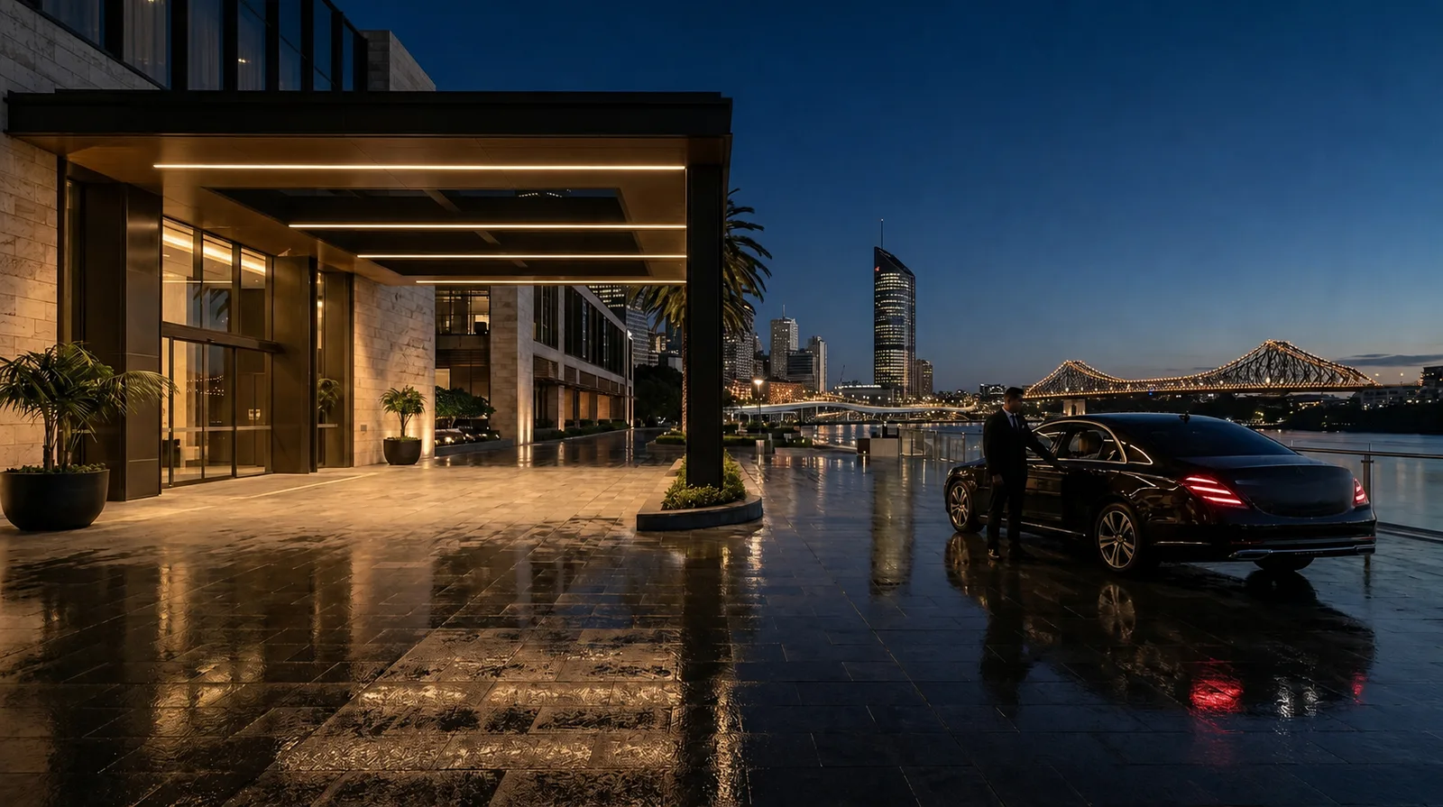 A chauffeur waiting beside a black prestige sedan on the Brisbane waterfront.