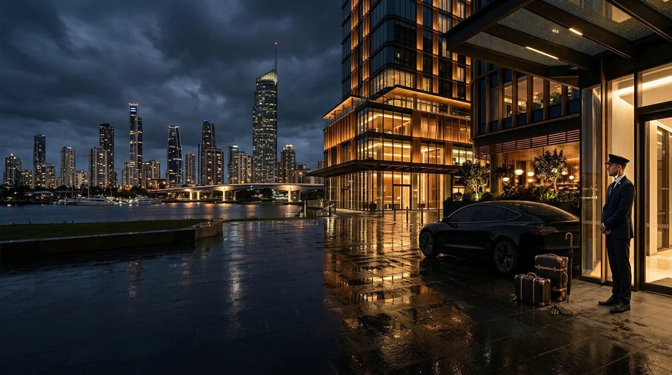 A chauffeur waiting beside a black prestige sedan with luggage outside a riverside hotel.