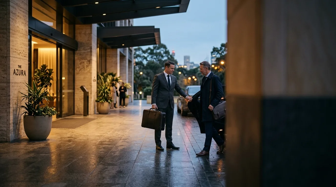 A chauffeur welcoming a business passenger beside a black prestige sedan at a hotel entrance.