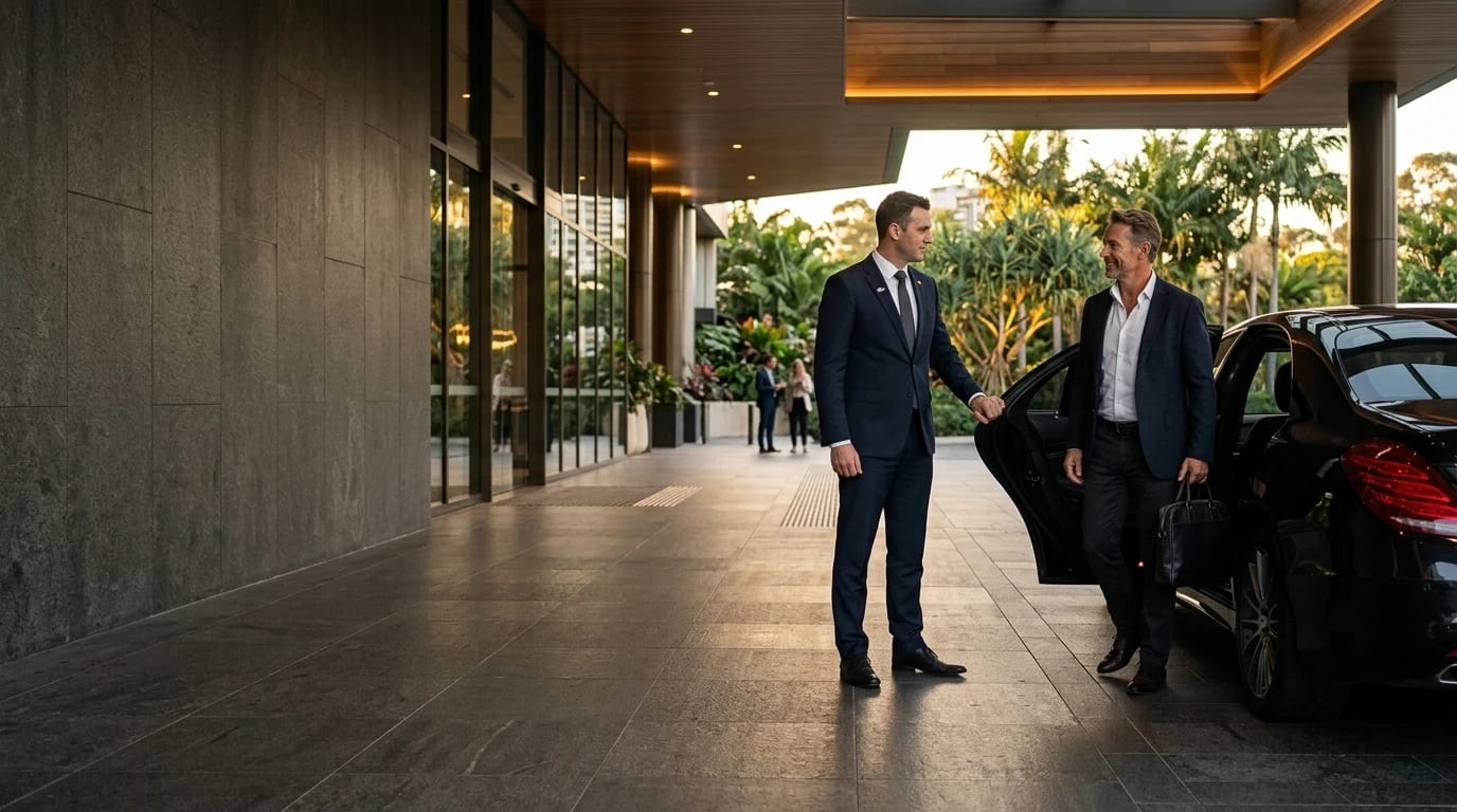A chauffeur welcoming a passenger beside a sedan at a hotel entrance in daylight.