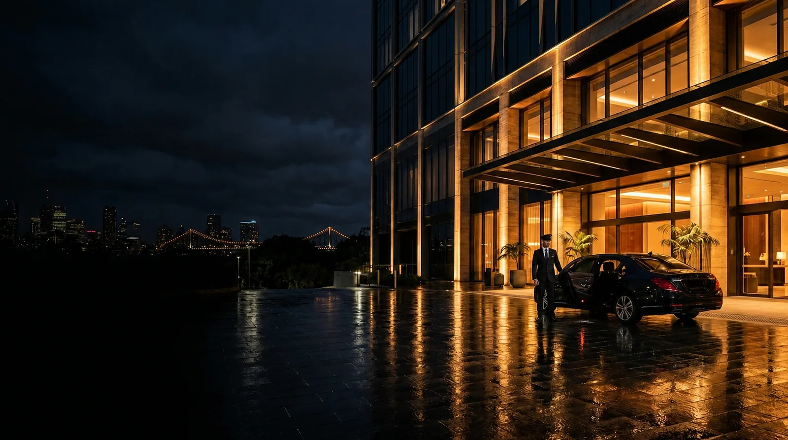 A chauffeur opening a black sedan beside a warmly lit Brisbane riverside building.